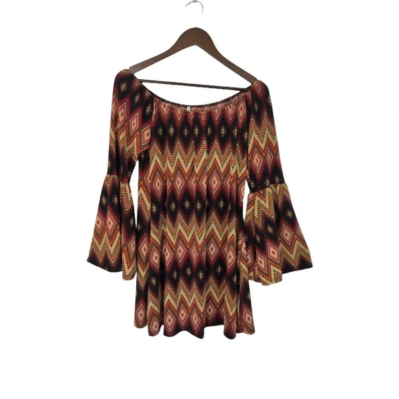 Voel Long Bell Sleeve Multicolor Chevron Print Striped Boho Mini Dress Size S - Picture 2 of 7